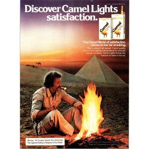 1980 Camel Lights Cigarettes Vintage Print Ad Campfire Camel Pyramids Wall Art